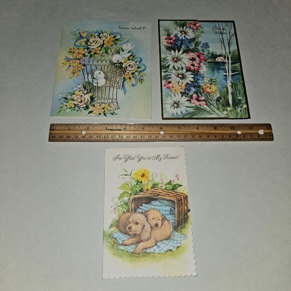 3 VTG Happy Birthday Greeting Cards Lot Floral Lake Birds Puppies NEVER USED - Picture 3 of 10